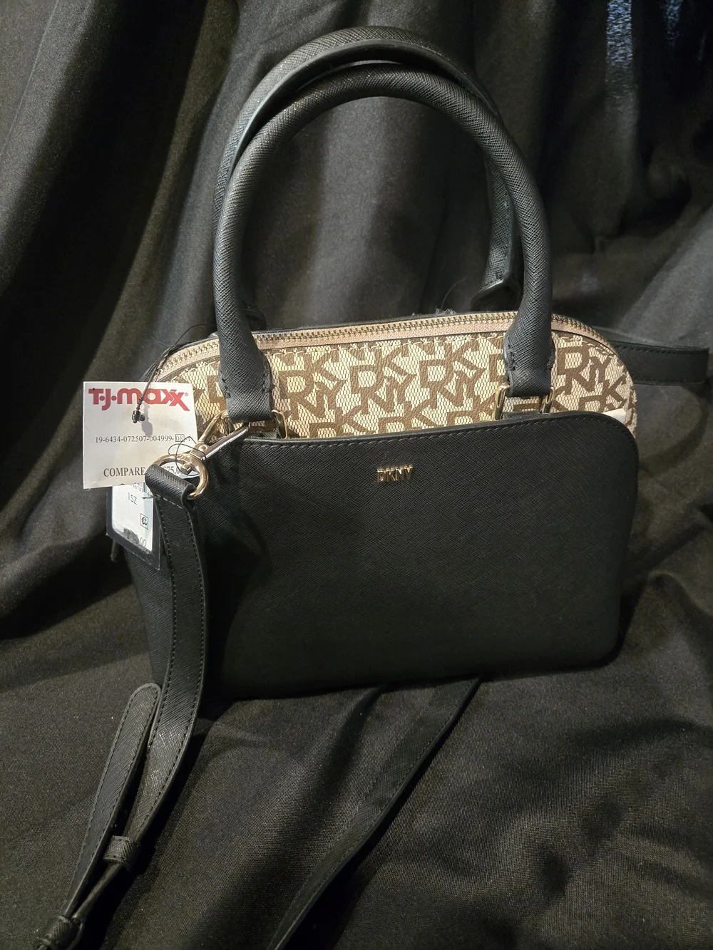 DKNY Black and Beige Signature Dual-Compartment Satchel